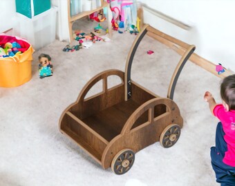 Passeggino per auto giocattolo in legno per bambini, modello Vosvos, girello per bambini, regali fatti a mano, primo compleanno unico