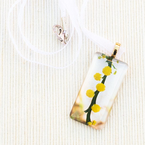 Glass photo pendant. Australia wildflowers golden yellow wattle acacia spring fashion jewellery 18k gold bail.