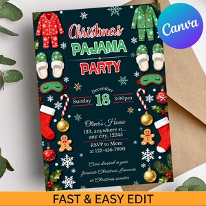 May include: A Christmas Pajama Party invitation with a dark teal background. The design includes illustrations of pajamas, slippers, and Christmas ornaments. The invitation text includes the date, time, and location.
