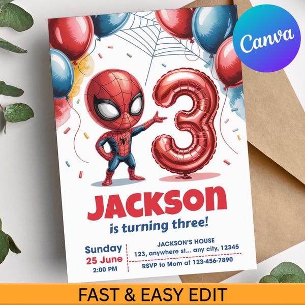 3rd Spidey Birthday Invitation, Editable Spiderman Superhero Invite, Spidey and His Amazing Friends, Canva Template, Spiderman Card For Kids