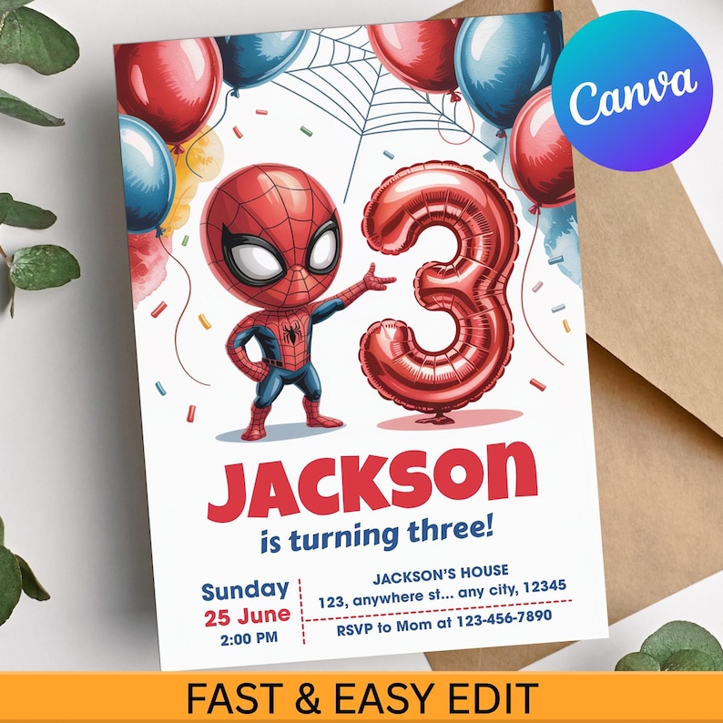 May include: A birthday invitation with a Spider-Man cartoon character and a large number 3 balloon. The invitation includes the name "Jackson", the phrase "is turning three!", and event details. Red, blue, and yellow balloons decorate the background.