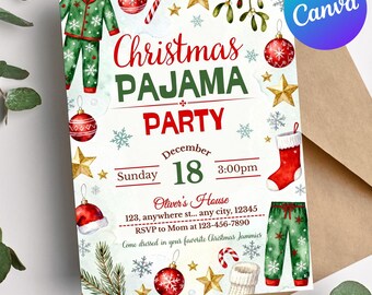 Christmas Pajama Party Invitation, Holiday PJs Party Invite Template, Editable Christmas Sleepover Canva Invite, Cute Cozy Winter Card