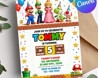 Editable Super Mario Birthday Invitation, Colorful Video Game Party Invite, Canva Template, Digital Download, Boys Gamer Birthday Card