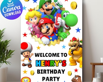 Super Mario Birthday Welcome Sign, Digital Mario Party Entrance Poster, Editable Canva Template, Kids Video Game Theme Decor, Mario welcome