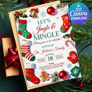 May include: A festive Christmas invitation with the text "Let's Jingle & Mingle." The design includes red and green stockings, ornaments, snowflakes, and a gingerbread man. The invitation is hosted by The Jackson's Family on December 18th.