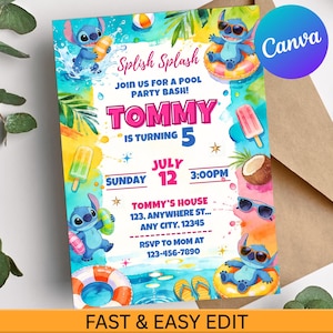 Könnte beinhalten: Eine farbenfrohe Einladung zur Poolparty mit Stitch. Die Einladung enthält den Text "Splish Splash", "Tommy wird 5" und Veranstaltungsdetails. Illustrationen von Stitch, Eis am Stiel und einer Kokosnuss sind enthalten.
