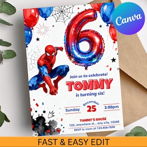 May include: A birthday party invitation featuring Spider-Man, red and blue balloons, and a large number 6 balloon. The invitation reads "Join us to celebrate! TOMMY is turning six!" with the date, time, and location.