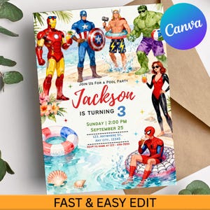 May include: Pool party invitation featuring superhero characters like Iron Man, Captain America, Thor, and Hulk. The invitation includes the text "Join Us For A Pool Party" and "Jackson is turning 3". The date and time are also included.