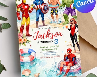 Avengers Pool Party Birthday Invitation, Superhero Canva Template (Digital)