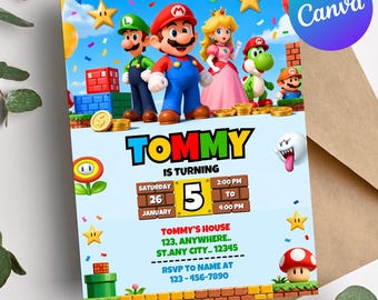 Super Mario Digital Birthday Invitation, Editable Super Mario Party Invite for Boys, Canva Template, colorful kids birthday, video game kids