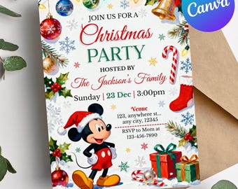 Mickey Mouse Christmas Invitation, Editable Christmas Party Invite, Mickey christmas card, Kids Christmas Card, christmas dinner invite