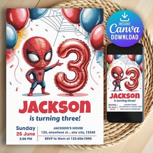 May include: A birthday invitation with a Spider-Man cartoon and a red number 3 balloon. The invitation includes the name "JACKSON" and event details. A smartphone displays the same design. The text reads "Instant Canva Download."