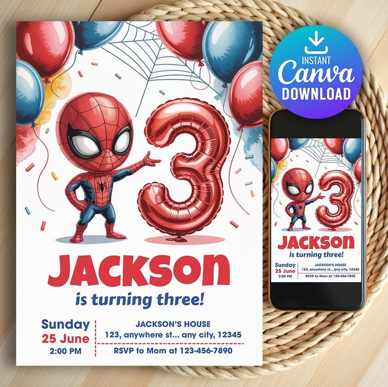 May include: A birthday invitation with a Spider-Man cartoon and a red number 3 balloon. The invitation includes the name "JACKSON" and event details. A smartphone displays the same design. The text reads "Instant Canva Download."