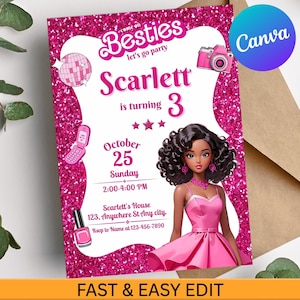May include: A pink glittery invitation for a birthday party. The invitation features the text "Besties let's go party" and "Scarlett is turning 3". It includes a cartoon illustration of a girl in a pink dress, a camera, and a flip phone.