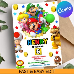 Op de afbeelding: Een kleurrijke verjaardagsuitnodiging met personages uit een populair videospel. De uitnodiging bevat de naam "HENRY" en het nummer "6". De tekst bevat ook de datum, tijd en locatie van het feest. Gouden munten en sterren versieren de uitnodiging.