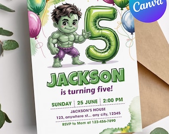 Invitación para el quinto cumpleaños de Hulk, invitación editable para fiesta de Hulk, tarjeta de cumpleaños de superhéroe verde, plantilla de Canva, celebración del cuarto cumpleaños de niño