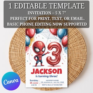 May include: A birthday invitation template with a Spider-Man cartoon and a number 3 balloon. The invitation is 12.7 x 17.8 cm and reads "JACKSON is turning three!" with event details. The design includes red, blue, and white balloons and a spider web.