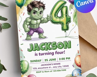 4th Hulk Birthday Invitation, Editable Hulk Party Invite, Green Superhero Digital Download, Canva Template, Printable Kids Birthday Card