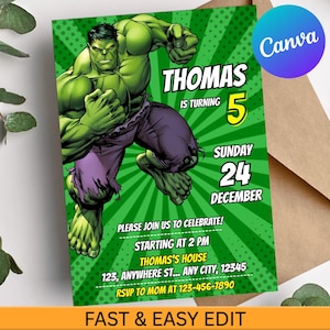 May include: Green birthday invitation featuring the Hulk. The invitation includes the name "Thomas", the number "5", and the date "December 24". Additional text includes party details and RSVP information. The Canva logo is visible.