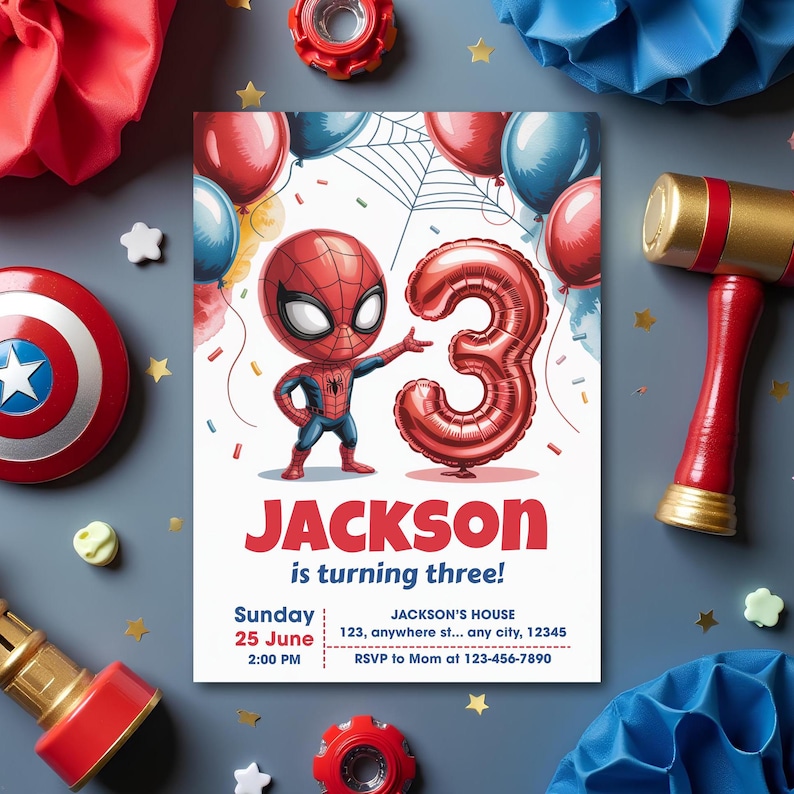 May include: A birthday invitation with a Spider-Man theme, featuring a cartoon character and a number 3 balloon. The invitation says "JACKSON is turning three!" with date, time, and RSVP details. Red, blue, and gold party decorations surround the invitation.