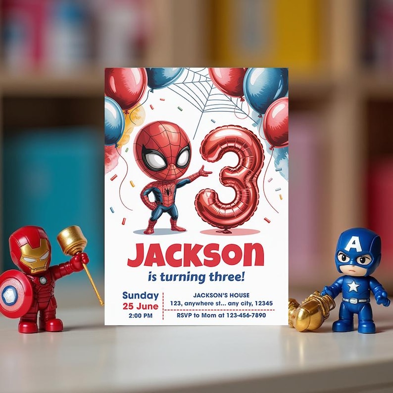 May include: A birthday invitation with a Spider-Man theme, featuring a cartoon illustration and a large number 3 balloon. The text reads "Jackson is turning three!" with event details. The design uses red, blue, and white colours.