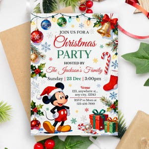 May include: Christmas party invitation featuring Mickey Mouse in a Santa hat. The invitation includes festive decorations like ornaments, snowflakes, and a bell. Text reads "Join us for a Christmas Party" hosted by The Jackson's Family.