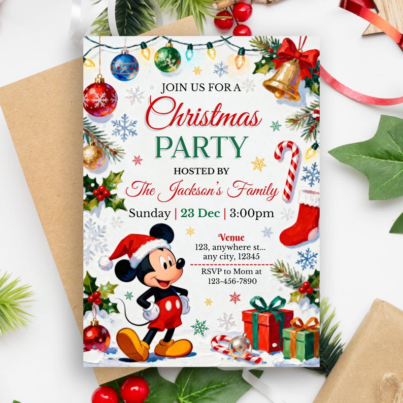 May include: Christmas party invitation featuring Mickey Mouse in a Santa hat. The invitation includes festive decorations like ornaments, snowflakes, and a bell. Text reads "Join us for a Christmas Party" hosted by The Jackson's Family.