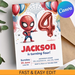 以下が含まれることがあります： スパイダーマンの漫画のキャラクターと数字の4の風船が描かれた誕生日パーティーの招待状。招待状には「Jackson」という名前、日付、時間、RSVP情報が含まれています。デザインには赤、青、白の色が使用されています。