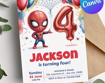 スパイダーマンと仲間たちの4歳の誕生日招待状、スーパーヒーローパーティー（デジタル）