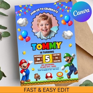 May include: A birthday party invitation with a blue background and Mario-themed graphics. The invitation features the name "Tommy" and the number "5" in large, colorful text. Includes the text "Join us to celebrate" and "Fast & Easy Edit".