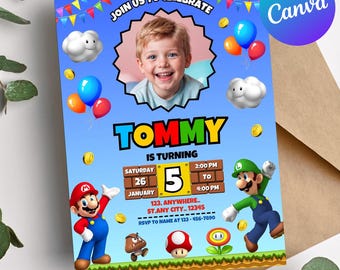 Editable Super Mario Birthday Invitation, Custom Photo Digital Invite, Canva Template, Mario Party Card, Printable Kids Boys Birthday invite