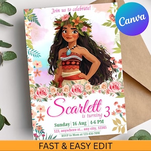Moana Birthday Invitation | Editable Digital Girl Luau Invite | Canva Tropical Ocean Theme | Instant Download Birthday Card | Moana Bday