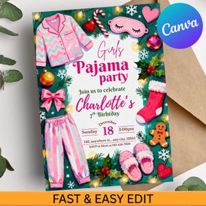 May include: A festive invitation for a girls' pajama party, featuring watercolor illustrations of pajamas, slippers, and holiday-themed decorations. The invitation includes the text "Girls Pajama Party" and event details.