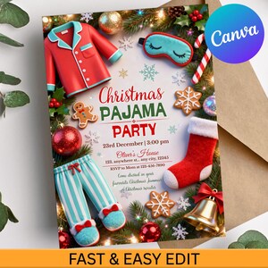 May include: A festive Christmas Pajama Party invitation with a red pajama top, striped pajama pants, and gingerbread cookies. The invitation includes the text "Christmas Pajama Party" and event details.