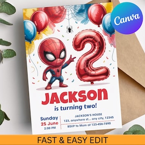 Könnte beinhalten: Eine Geburtstagseinladung mit einer Spider-Man-Cartoonfigur und einem großen roten Ballon mit der Zahl 2. Die Einladung enthält den Namen "JACKSON", das Datum, die Uhrzeit und den Ort der Party. Der Hintergrund hat Ballons und ein Spinnennetz.
