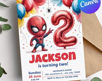 Spidey 2nd Birthday Invitation, Superhero Party (Digital Download)