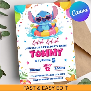 Op de afbeelding: Een kleurrijke uitnodiging voor een zwembadfeest met een stripfiguur in een zwemband, met een hartvormige zonnebril en een drankje. De uitnodiging kondigt een feest aan voor Tommy's 5e verjaardag op 12 juli.