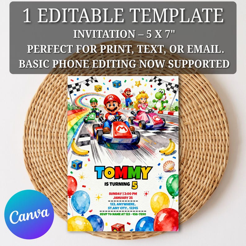 May include: A colorful invitation template, 5 x 7 inches, featuring a kart racing theme with characters. The invitation includes the text "Tommy is turning 5" and event details. The design is suitable for print, text, or email.