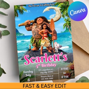 Editable Moana Birthday Invitation | Digital Tropical Girl Birthday Canva Template | Ocean Luau Theme Bday Party Card | Instant Download