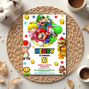 Op de afbeelding: Een kleurrijke verjaardagsuitnodiging met videogamekarakters. De uitnodiging toont de naam "HENRY" en het getal "6", plus evenementdetails. Het ontwerp bevat sterren, munten en karakterillustraties.