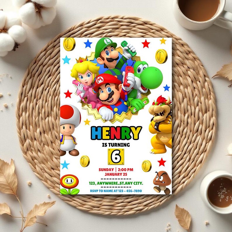 Op de afbeelding: Een kleurrijke verjaardagsuitnodiging met videogamekarakters. De uitnodiging toont de naam "HENRY" en het getal "6", plus evenementdetails. Het ontwerp bevat sterren, munten en karakterillustraties.