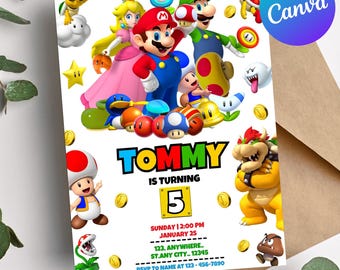 Super Mario birthday invitation, Editable Mario Luigi bday party invite, video game birthday card, super mario game invite, cute kids invite