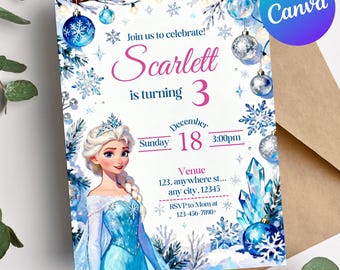 Elsa Frozen Birthday Invitation, Winter Wonderland Party, Canva Template, Frozen birthday card, Elsa anna invite, winter theme invite