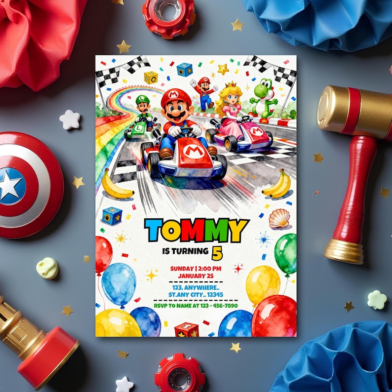 May include: A colorful birthday party invitation featuring a kart racing theme with characters. The invitation reads "TOMMY IS TURNING 5" with event details. Balloons, stars, and other party decorations surround the invitation.