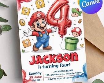 Super Mario 4th Birthday Invitation, Editable Mario Party Digital Invite, Printable Boys Kids Birthday Card, Canva Template, Cute mario