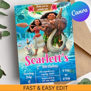 Moana Birthday Invitation | Tropical Ocean Party Invite | Editable Canva Template | Digital Download | Disney Girl Island Theme Card