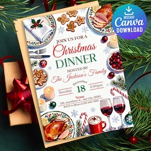 May include: A Christmas Dinner invitation with festive illustrations of food, including a roasted turkey, gingerbread cookies, and cranberries. The invitation includes the text "Join us for a Christmas Dinner" and details for the event.