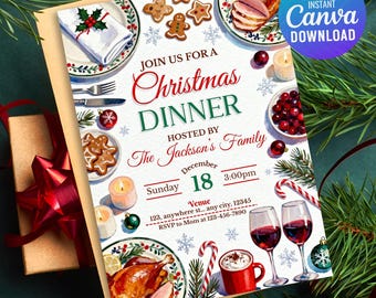 Puede incluir: Una invitación a una cena de Navidad con ilustraciones festivas de comida, incluyendo un pavo asado, galletas de jengibre y arándanos. La invitación incluye el texto "Christmas Dinner" y los detalles del evento.