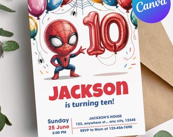 10歳のスパイダーマン誕生日招待状、編集可能なスーパーヒーローパーティー招待状、男の子向けスパイダーマン誕生日招待状、男の子向け10歳の誕生日カード、男の子の誕生日
