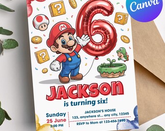 6th Super Mario Birthday Invitation, Mario Digital Game Party Invite, Editable Canva File, Printable Kids Birthday Card, Cute Mario template